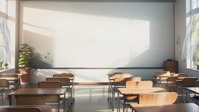empty school or university classroom with big whiteboard, tables and chairs. Cartoon or anime watercolor painting illustration style. seamless looping 4K virtual video animation background.