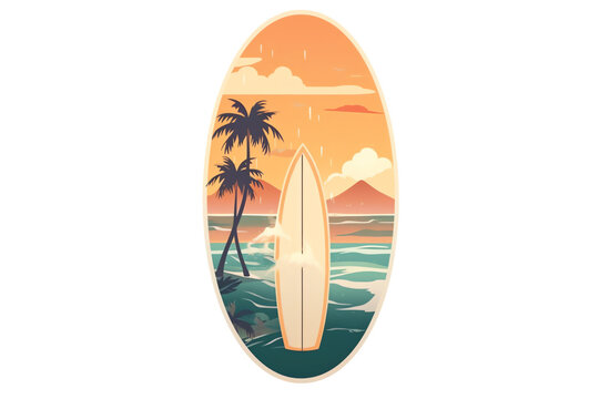 a surfboard with birds and palm trees on the water
