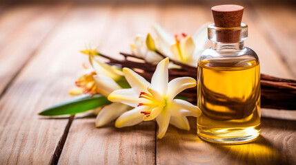 Vanilla essential oil in a bottle. Generative AI, - obrazy, fototapety, plakaty