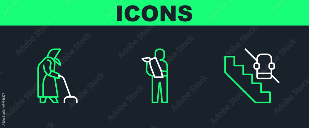 Poster Set line Disabled elevator, Grandmother and Human broken arm icon. Vector