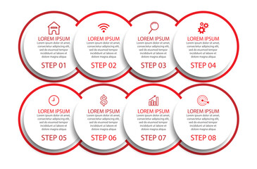 Desain Infografis Bisnis sederhana, vektor
templat dengan garis warna warni, ikon, angka dan
8 pilihan atau langkah. Dapat digunakan untuk proses diagram,
presentasi, tata letak alur kerja, spanduk, d