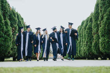Young graduates in gowns and caps celebrate graduation, share memories, and throw caps in the air. Achieved goals, teamwork, and bachelors degrees showcased in a beautiful outdoor park setting. - obrazy, fototapety, plakaty