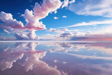 salar de uyuni , lago salato boliviano, cielo e terra che si specchiano, nuvole rosa, incanto,  - obrazy, fototapety, plakaty