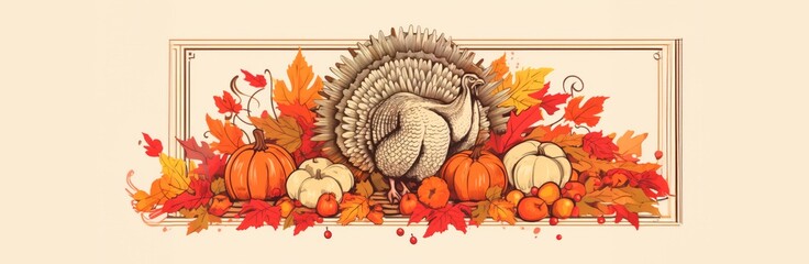 Vintage style thanksgiving  card with turkey, pumpkins   and xmas ornaments and decorations, banner wallpaper, copy space for text