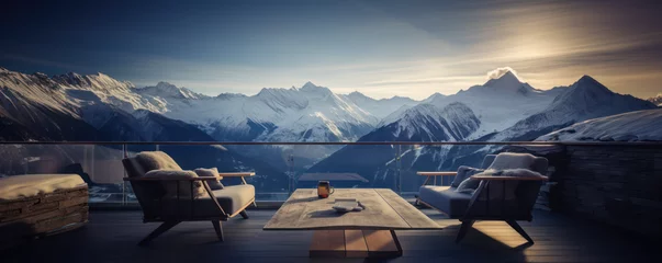 Foto op Plexiglas vue panoramique depuis la terrasse d'un chalet de montagne luxueux © Fox_Dsign