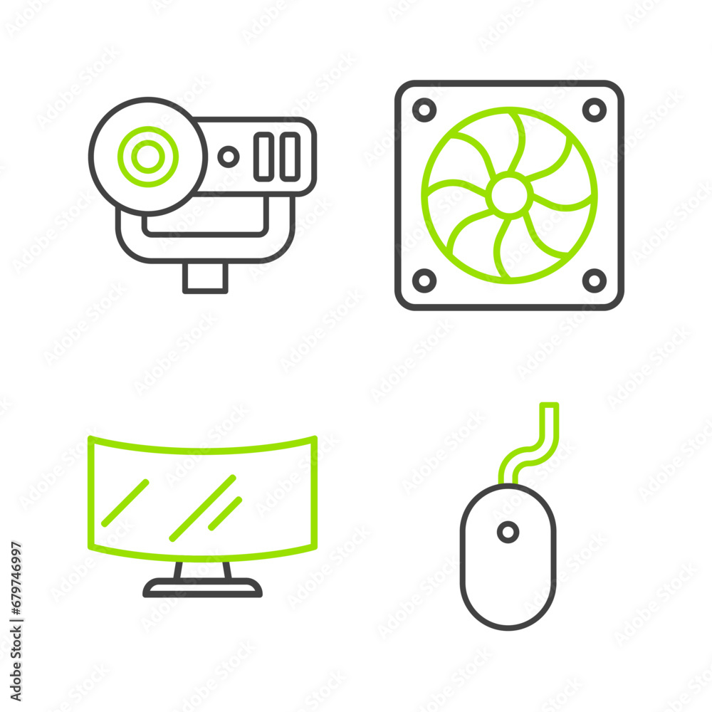 Poster set line computer mouse, monitor screen, cooler and web camera icon. vector