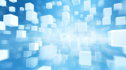 Abstract white cubes flying on a vibrant blue background, digital art. Futuristic geometric shapes in motion concept. Creative design for technology, innovation, and digital art projects