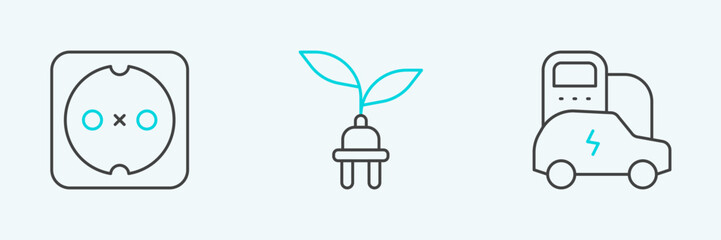 Set line Electric car, Electrical outlet and saving plug in leaf icon. Vector