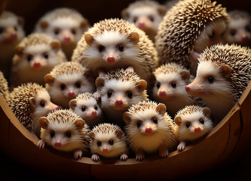Igel - Viele Tierk&ouml;pfe f&uuml;llen das Bild aus. Niedliche Tiere schauen zum Betrachter