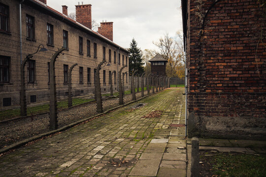 Auschwitz, Poland, November 16, 2023: Buildings of the Nazi concentration camp Auschwitz