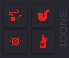 Set Alcohol drink Rum, Smoking pipe, and Ship steering wheel icon. Vector