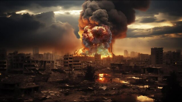 Military destroyed city. Huge firestorm, explosions and smoke. War concept save the children      