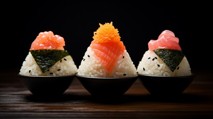 3つの黒い小皿の上に置かれたおにぎり。サーモンやマグロが乗っている。