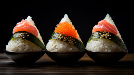 3つの黒い小皿に置かれた三角形のお寿司。いくらやマグロが乗っている。