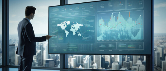 Businessman in modern office using interactive touchscreen panel with charts and graphs.