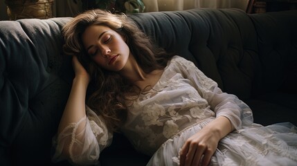 Obraz premium A beautiful woman is sleeping on the sofa, ai generative