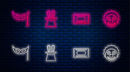 Set line Magician hat and rabbit ears, Circus ticket, Festive mask and Clown head. Glowing neon icon on brick wall. Vector