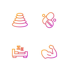 Set line Bodybuilder muscle, Time to sleep, Stack hot stones and Vitamin pill. Gradient color icons. Vector