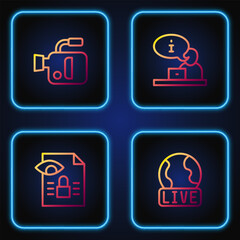Set line Live report, Journalistic investigation, Cinema camera and Television. Gradient color icons. Vector