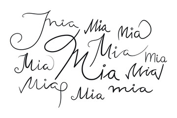 Female name Mia written in different scripts. Handwritten lettering calligraphy Girl name. Vector art