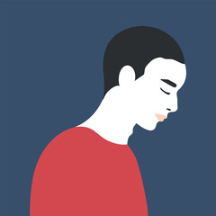 Portrait of sad young man. A sad guy stands with his head down. Vector illustration