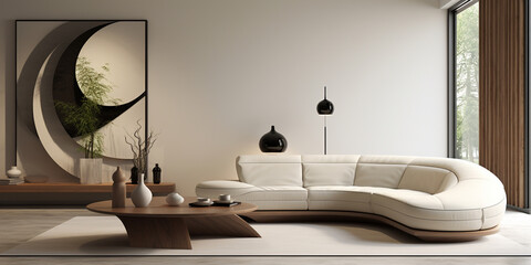 Modern minimalist living room with black and white furniture, round table, sculptural style, light brown and white