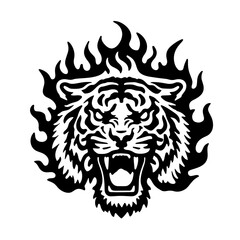 Monochrome Tiger Head Encircled by Flames Illustration - Ideal for Branding and Tattoos