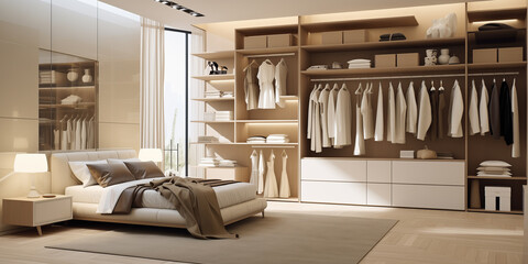  Spacious dressing room in beige tones with elegant shelves and clothes