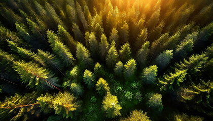 Aerial view of a green pine forest (pine woodland) at sunset on sunrise, drone point of view, full frame.