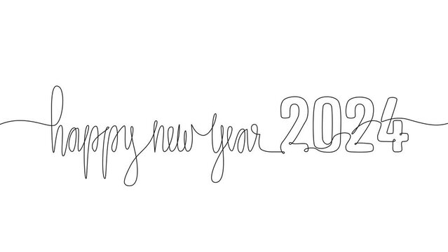 animated continuous single line drawing of handwritten text happy new year 2024, new year line animation