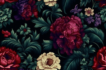 baroque retro wallpaper with peonies and roses, dark, moody seamless pattern