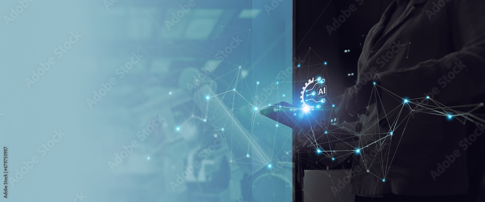 Leinwandbilder Manager Technical Industrial Engineer working and control robotics with monitoring system software and icon industry network connection on tablet. AI, Artificial Intelligence, Automation robot arm