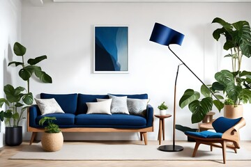 a modern living room where a sleek floor lamp, a vibrant potted monstera plant, and a stylish wooden lounge chair with deep blue cushions are strategically arranged against a clean white wall.