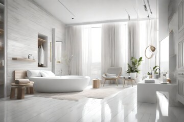 Fototapeta na wymiar White bathroom and bedroom interior