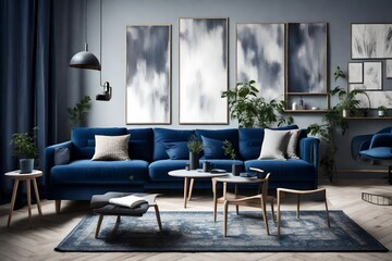 Recliner chair and dark blue sofa in a Scandinavian apartment. A contemporary living room's interior design.