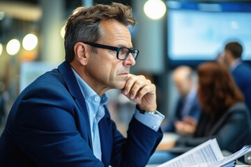 Serious mature businessman in eyeglasses sitting in conference hall and looking away.