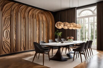 Illustrate a contemporary dining room interior, showcasing an arched wall with intricate abstract wood panelling. 