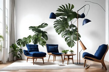 a modern living room where a sleek floor lamp, a vibrant potted monstera plant, and a stylish wooden lounge chair with rich navy blue cushions are strategically arranged against a clean white wall.