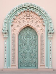 a decorative detailed door of a mosque entrance with blue color pastel