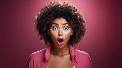 A beautiful black woman expressing surprise and shock emotion. Isolated on pink background - obrazy, fototapety, plakaty