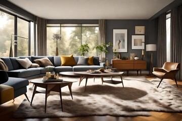 Fototapeta premium a vivid picture of a modern living room in a mid-century modern-style home, with an emphasis on deep shades, sleek furniture, a fur blanket on a grey sofa near a coffee table with candles
