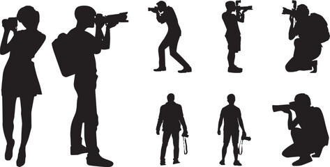 silhouettes of people, set of silhouettes of photographers with different poses, camera - obrazy, fototapety, plakaty