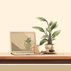 Simplistic desktop with a plant, coffee.
