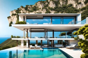 Fototapeta premium Inviting Retreat, Contemporary Residence luxury villa with large swimming pool, Luxury modern estate property on hill with stunning sea view, Summer vacation, tourism