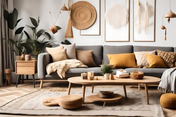 The stylish living room interior with design gray sofa, wooden coffee table, commode and elegant personal accessories. Honey yellow pillow and plaid. Cozy apartment. Home decor