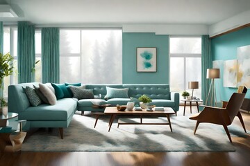 Fototapeta premium Paint a vivid picture of a modern living room in a mid-century modern-style home, highlighting the use of calming aqua tones, sleek furniture, a fur blanket on a grey sofa