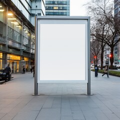 Vertical blank white billboard at bus stop on city street. In the background buildings and road. Mock up. - obrazy, fototapety, plakaty