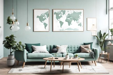 Stylish scandinavian living room interior with design mint sofa, furnitures, mock up poster map, plants, and elegant personal accessories. Home decor. Interior design. Template. 