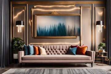 modern creative living room interior design backdrop ideas concept house beautiful background elevation of sofa with decorative photo paint frame full wall background,