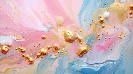 Abstract artistic background with pearlescent pink marble and holographic golden paint stains.